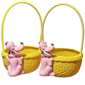 Set of 2 Vintage Disney Pluto Blow Mold Plastic Easter Baskets Yellow & Pink